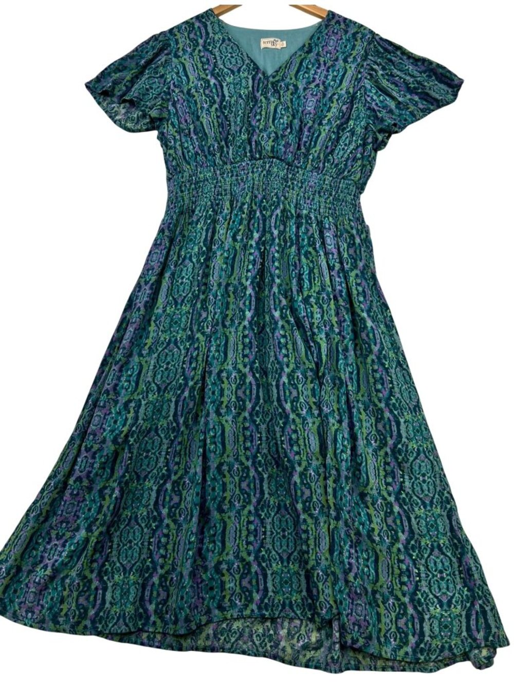 Womens Cottagecore V-Neck Fit & Flare Smocked Midi Dress Short Sleeve Sz 0X Teal